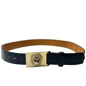 Vintage Navy Genuine English Bridle Leather Belt with Gold Lionhead Pin Buckle